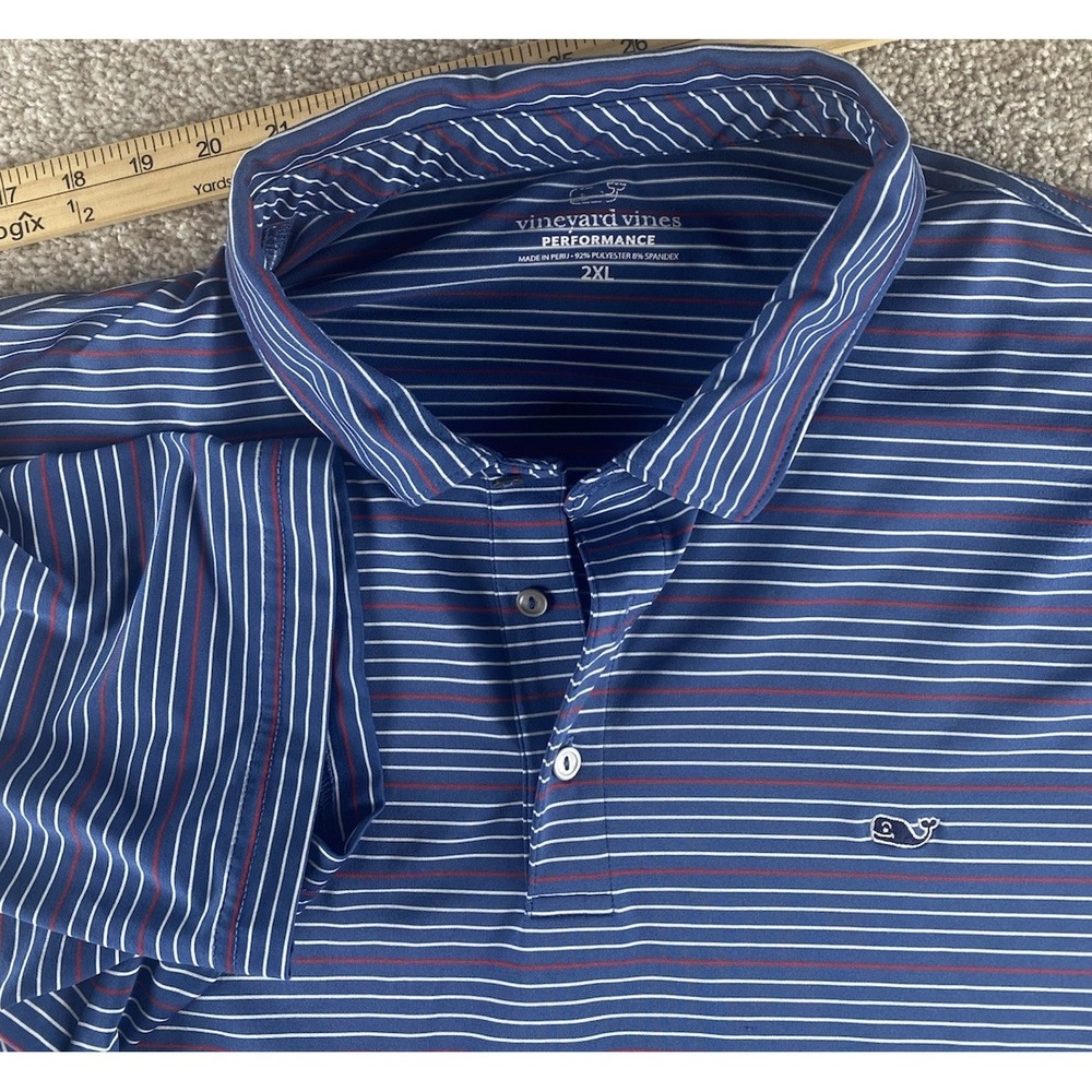 Vineyard Vines Performance Polo Mens 2XL Red/Blue Striped Preppy Stretch Read